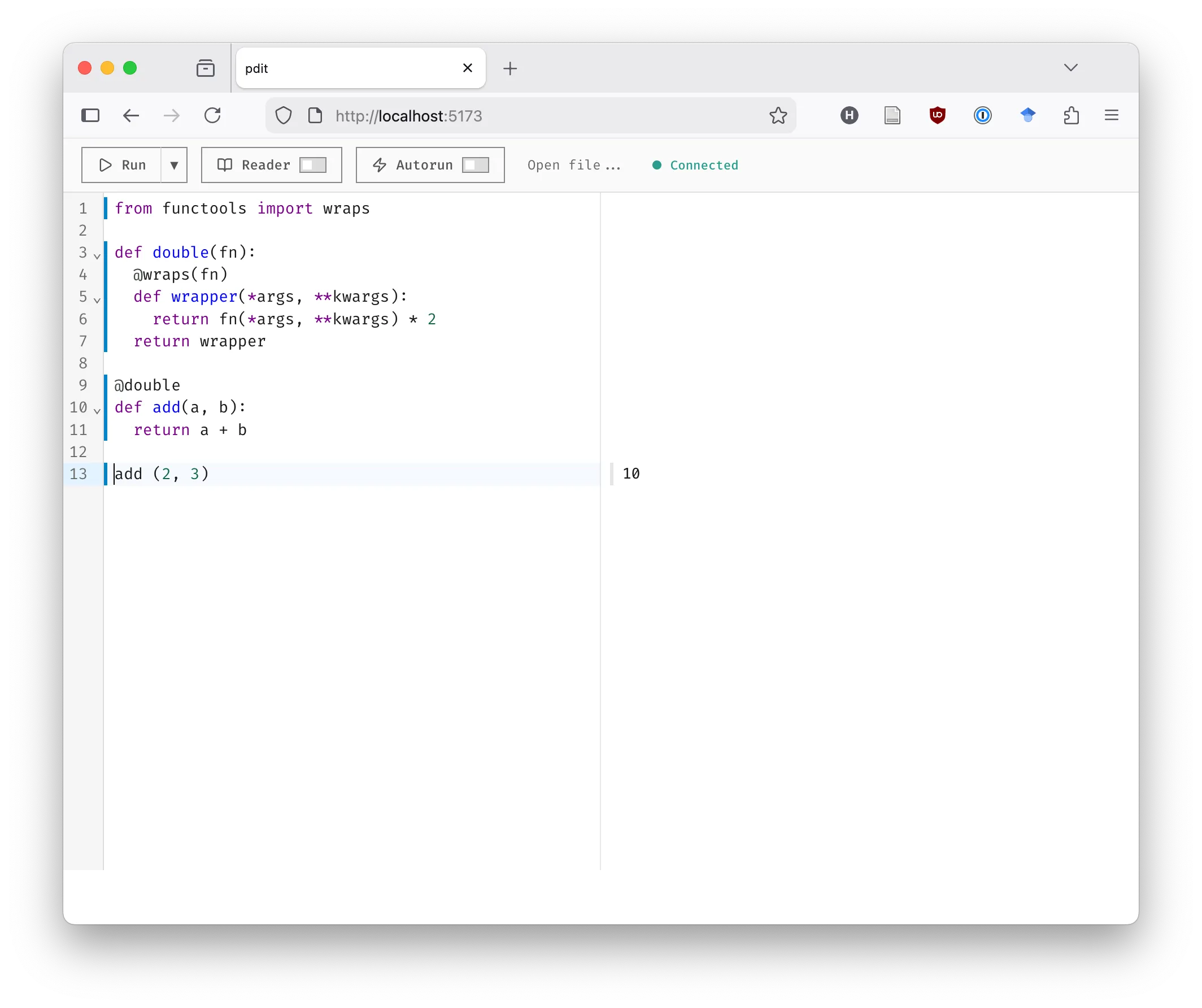 pdit showing a tiny decorator example with inline output